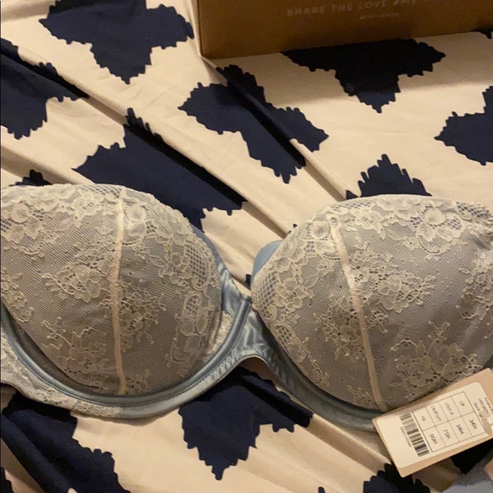 Brand New with tags, blue and white lace bra